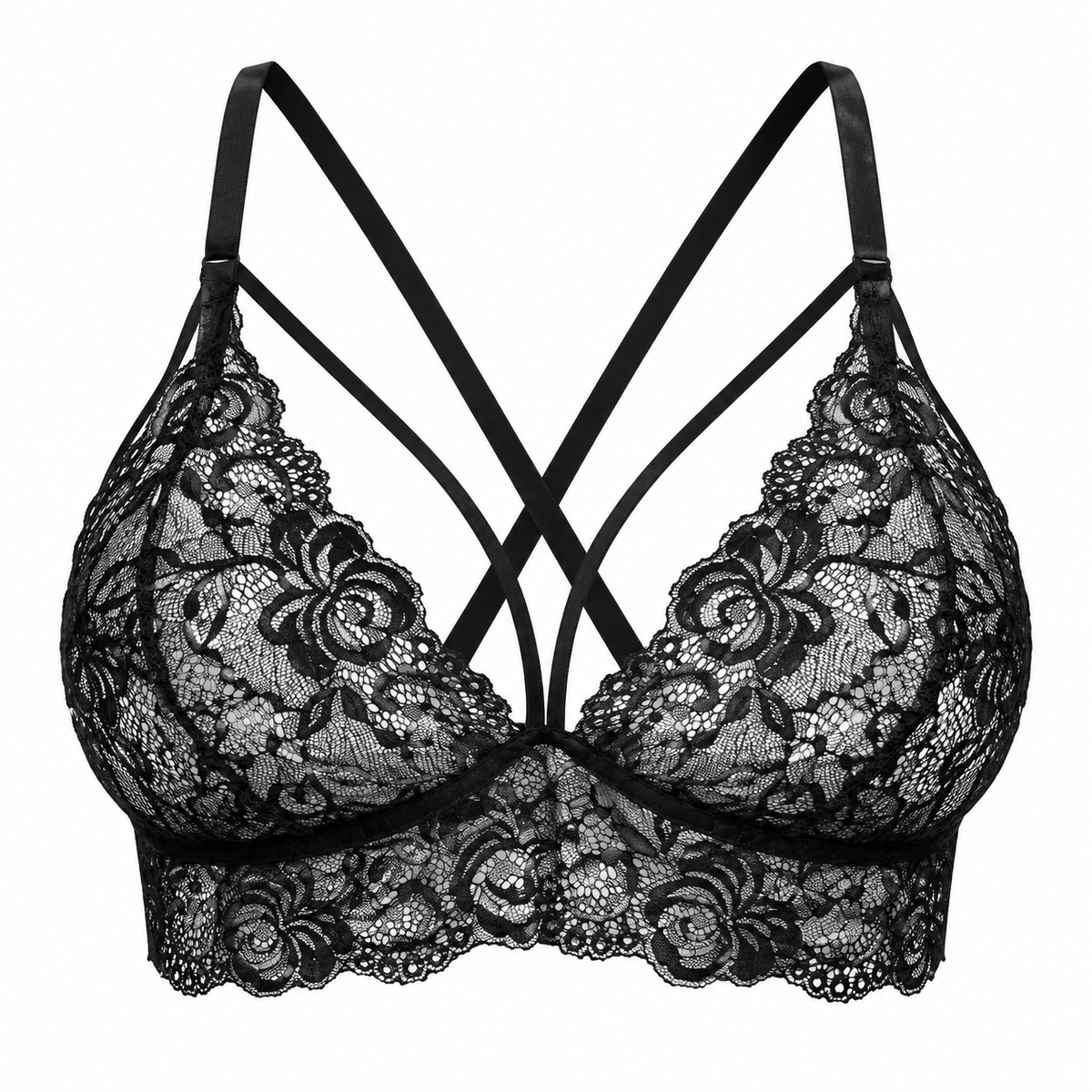 The Kandy Store Women's Black Floral Lace Crisscross Strappy Bralette